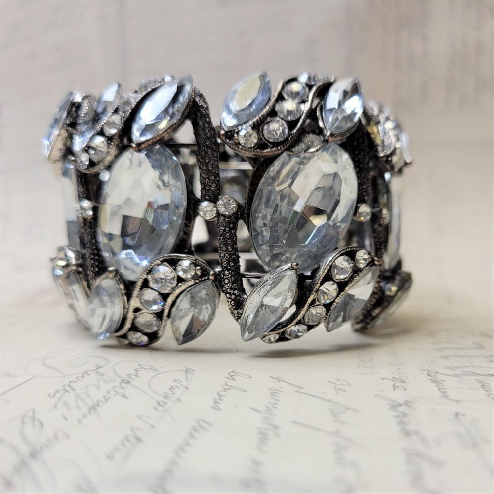 Multi Faceted Bold Silver Tone Jewel Cuff Hinge Bracelet
